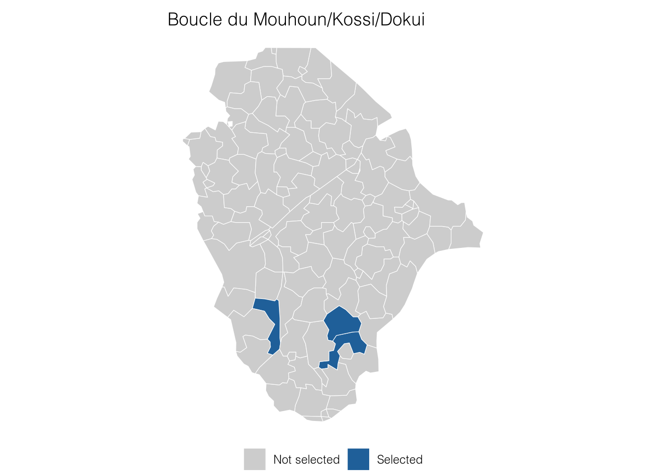 Map of one commune divided into its EAs, drawn in grey. Three EAs are filled in blue.