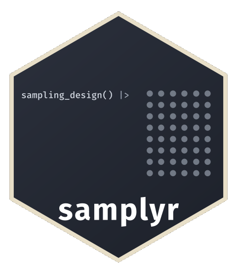 samplyr hex sticker, animating a sampling design being built up one verb at a time